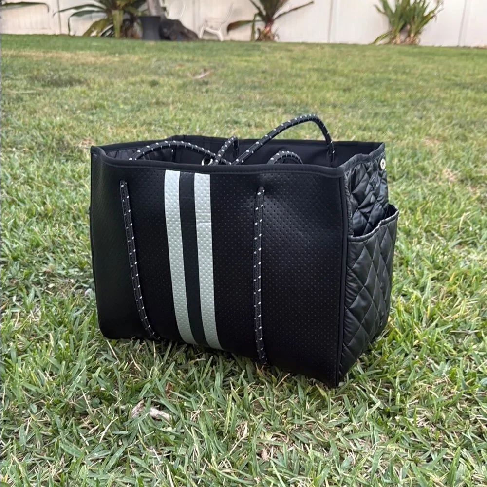Black Tote Bag Silver Stripe & Leather Sides and Pockets Mini Pouch - NWT